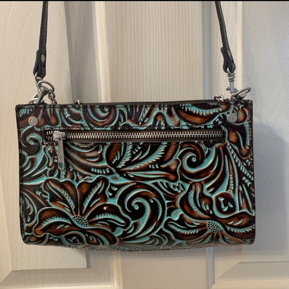 Patricia Nash teal tooled leather crossbody bag